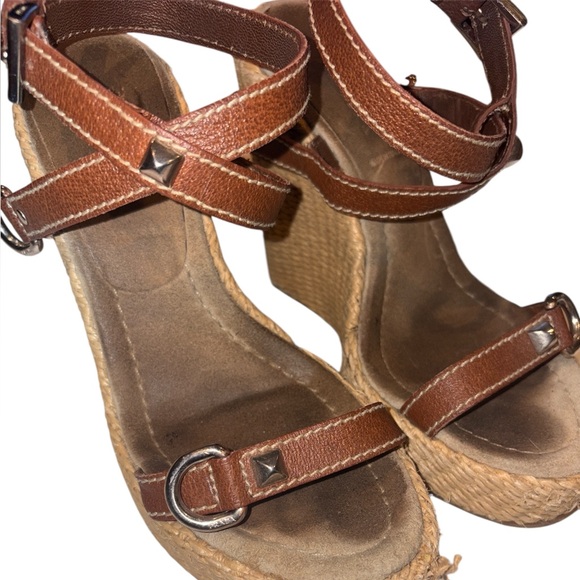 Prada Espadrille Platform Wedge Tan Leather Straps Silver Hardware Size 6 35.5 - Picture 4 of 6